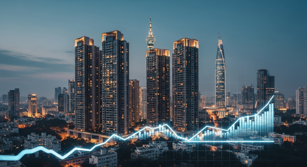 A photorealistic, wide-angle shot of the Bangalore skyline at twilight featuring modern high-rise luxury apartments. In the foreground, a blurred digital overlay of a financial line graph showing a slight downward trend or a 'pause' symbol, symbolizing a market correction. The lighting is warm but moody, conveying a sense of waiting and anticipation. 8k resolution, cinematic composition.